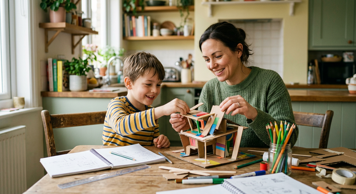 A parent and child building a model together at the kitchen table